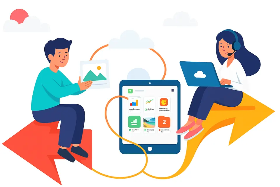 Illustration: one person sends pictures and files from a laptop to another person holding a tablet.